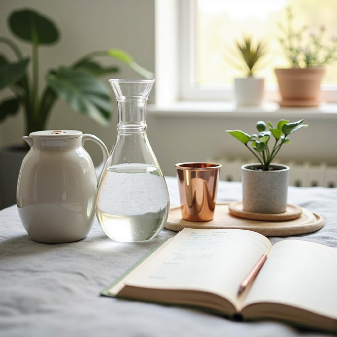 Bedside water station with ceramic carafe, crystal bottle, copper cup, journal, plants, aromatherapy items, and smart water tester in soft morning light.