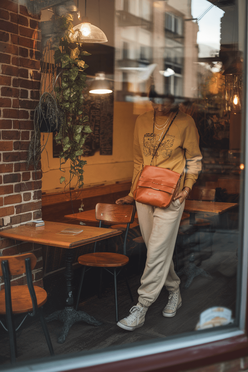 Person in oatmeal sweatpants and mustard graphic hoodie sits in cozy café with brick walls and plants; seen through window with urban reflections.