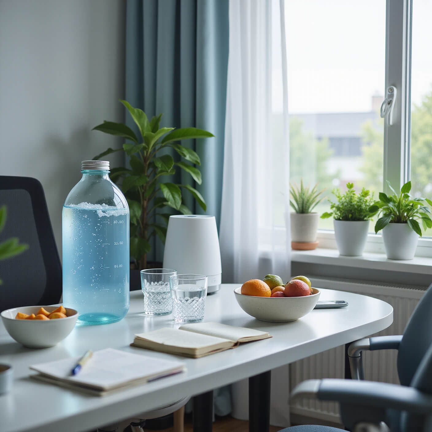 Home office wellness corner with natural light, featuring a hydration-focused desk setup, healthy snacks, potted plants, a humidifier, and a wellness journal in a minimalist blue-grey decor.