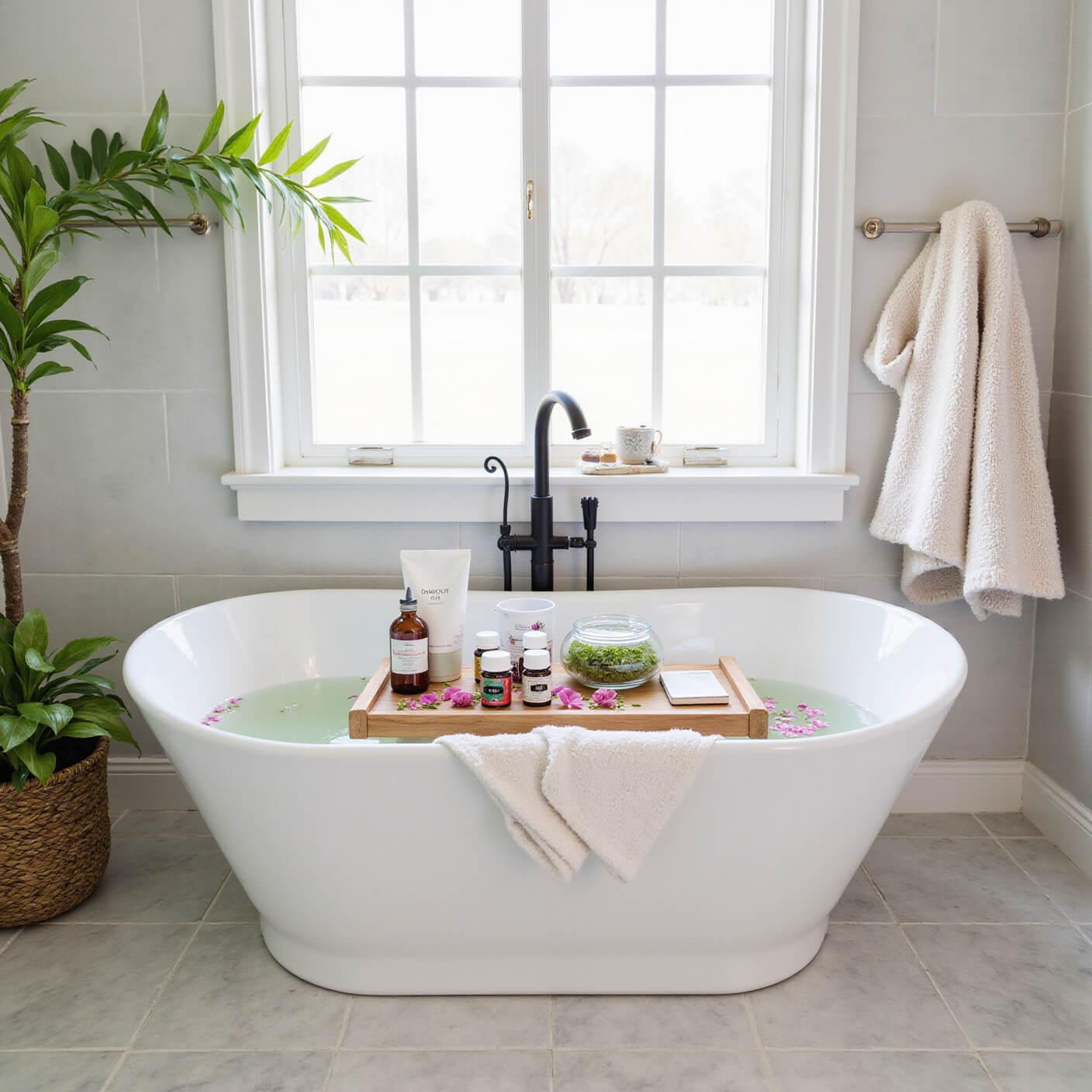 Luxurious spa-like bathroom with a marble soaking tub, floating flowers, wooden bath caddy holding beauty products, a journal, herbal tea, plush towels, cozy robe, and thriving plants.