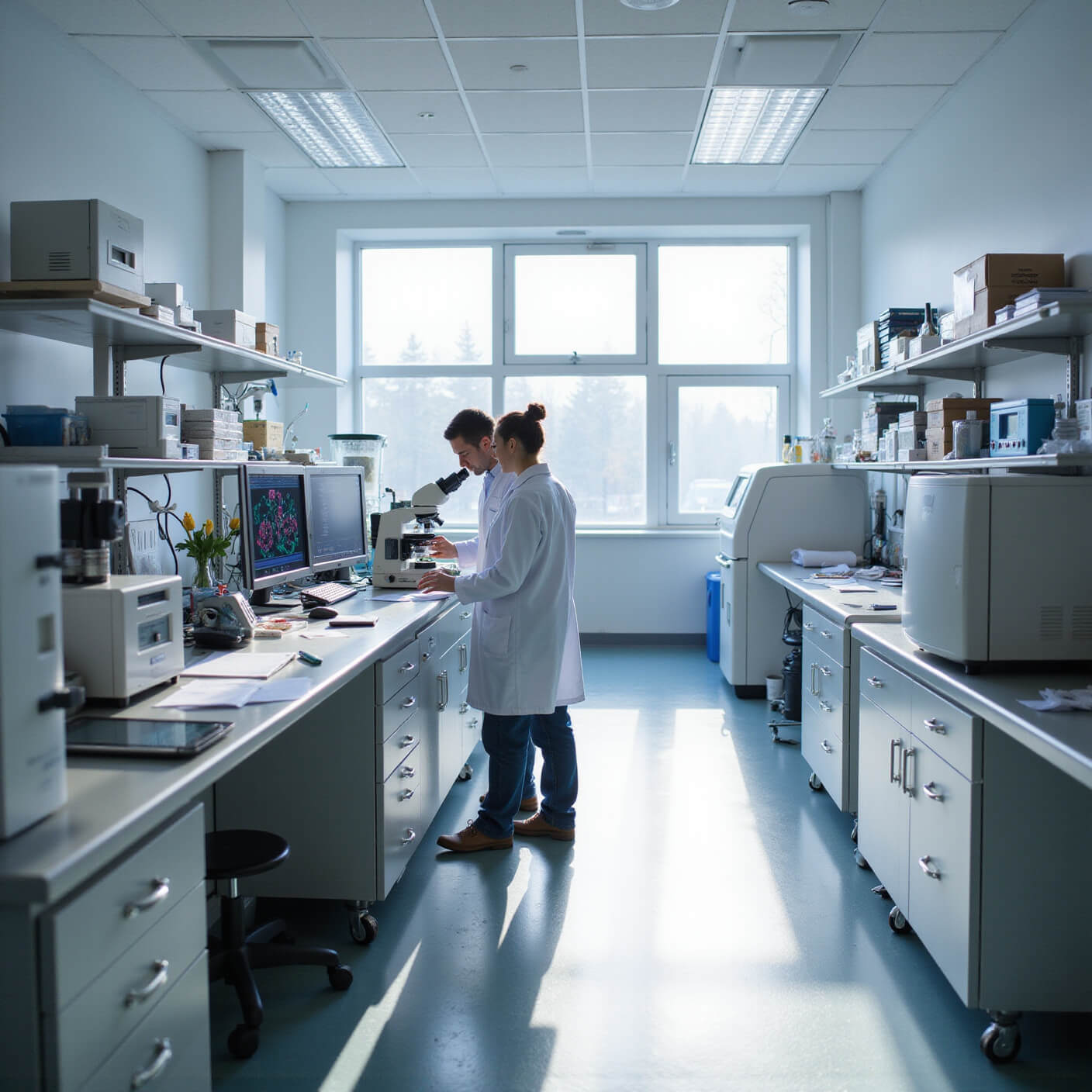Bright, modern medical laboratory with scientists in white coats working at stainless steel benches, surrounded by research papers, microscopes, computer screens displaying molecular data, and high-tech equipment, illuminated by natural sunlight and LED lighting.