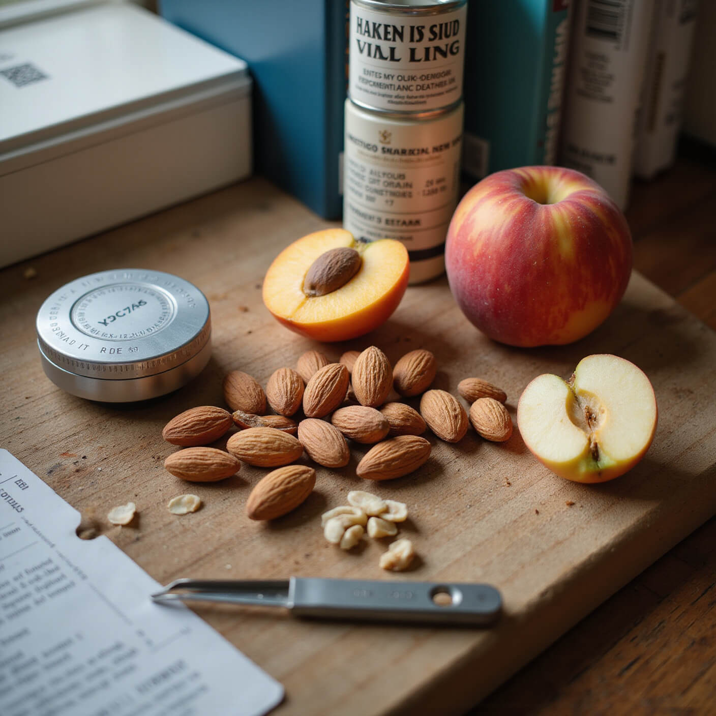Close-up of assorted fruit pits and seeds on a weathered cutting board, with scientific charts, measuring tools, and medical books in the background, captured in soft afternoon light.