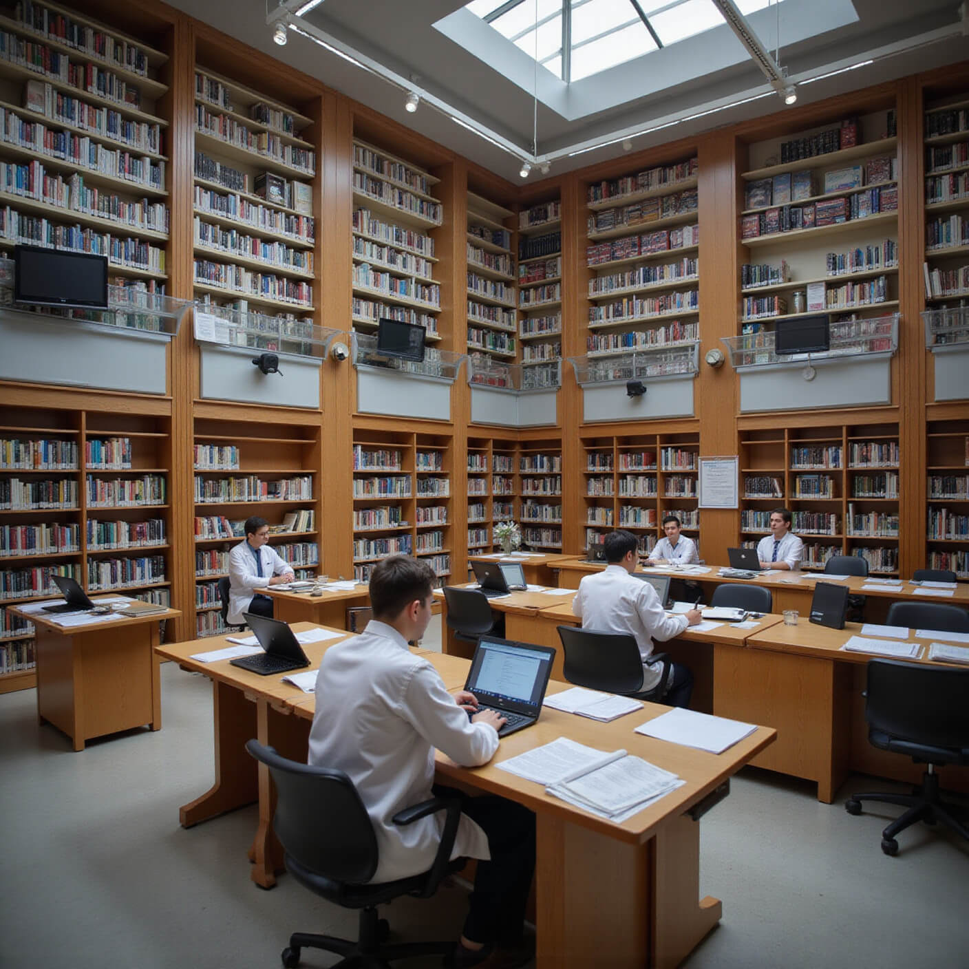 Clinical research library with floor-to-ceiling shelves of medical journals, scientists studying at wooden tables with tablets, and wall screens displaying medical data in cool morning light.
