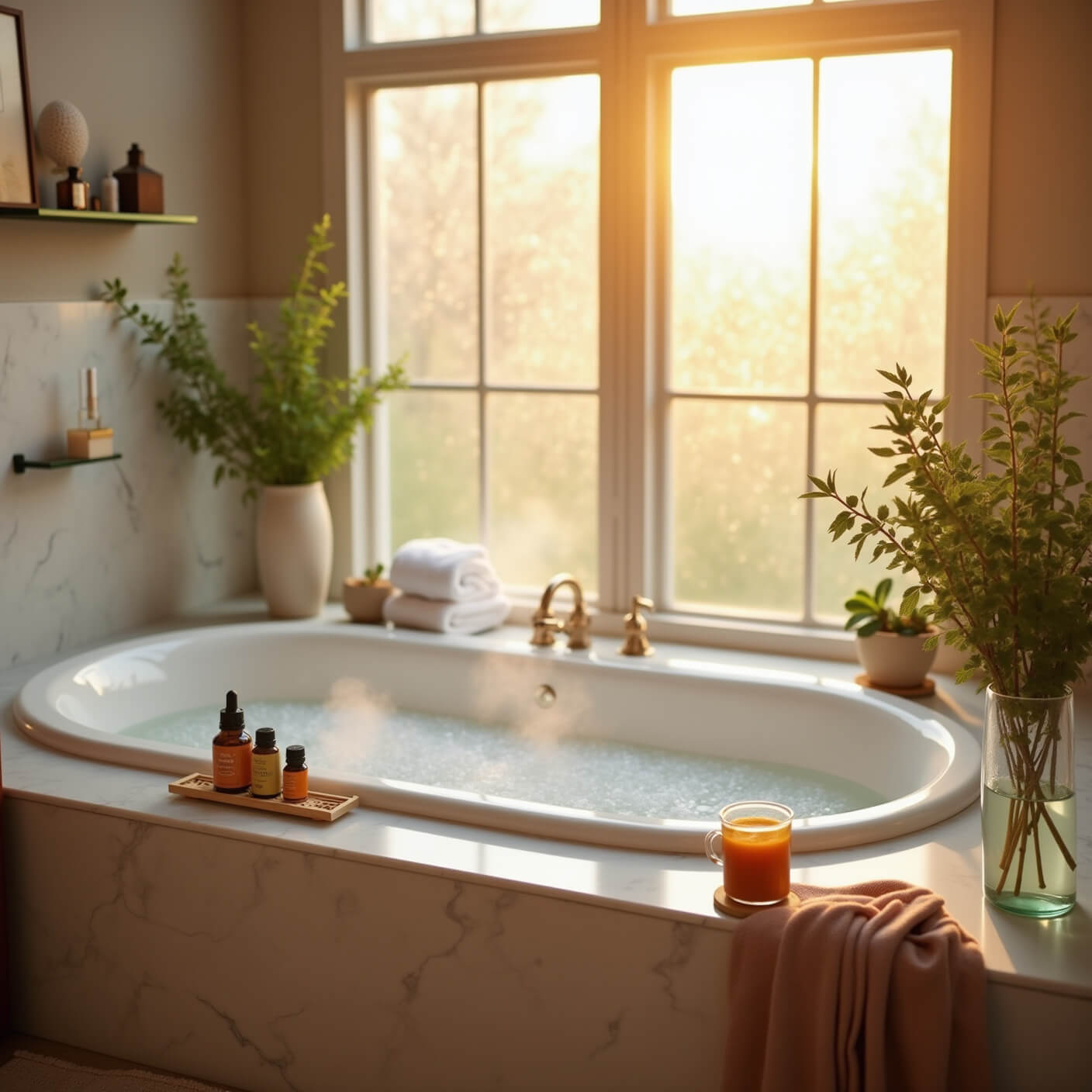 Serene master bathroom at golden hour with a soaking tub, marble countertops, essential oils, towels, eucalyptus, and a wooden bath caddy with turmeric tea, creating a spa-like atmosphere.