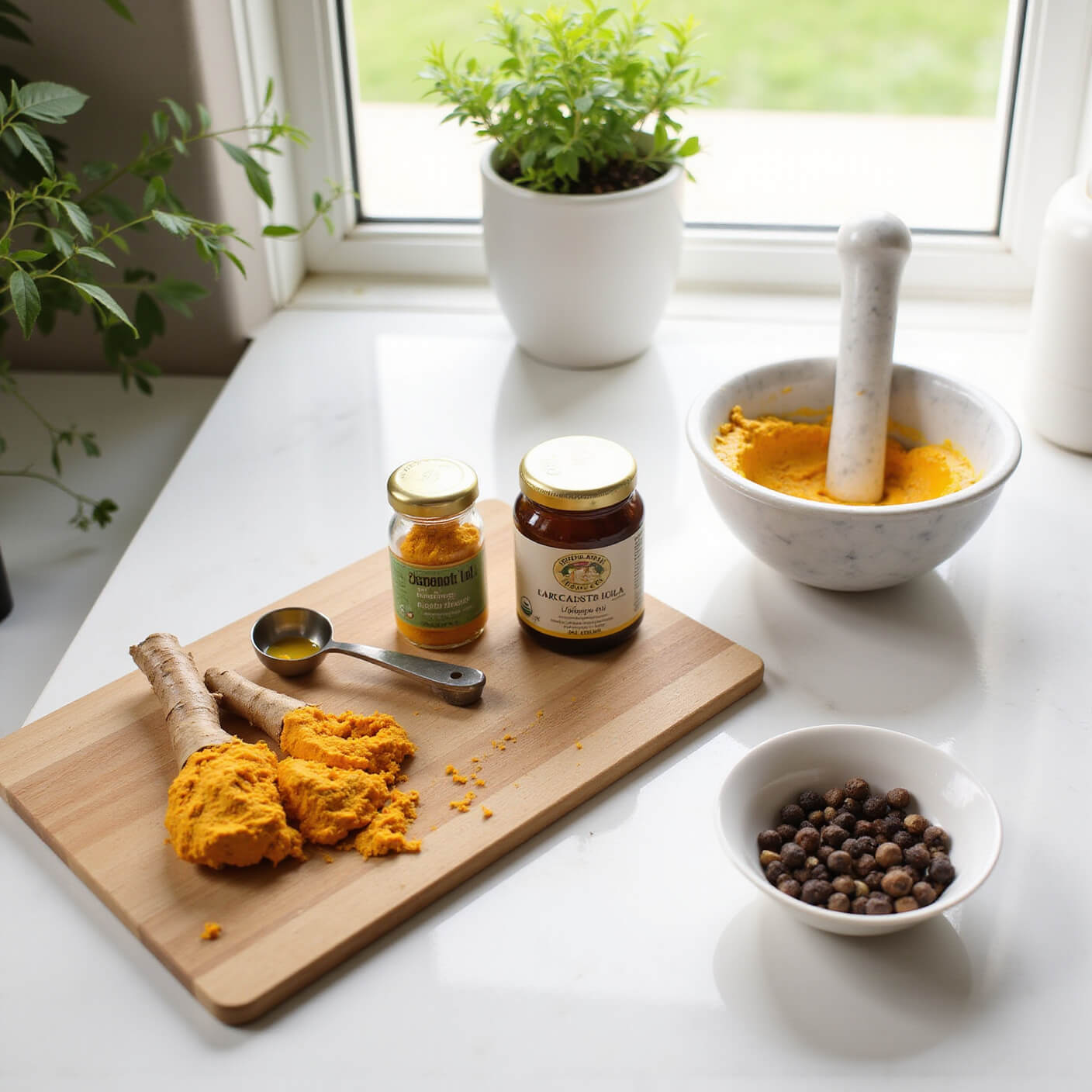 Turmeric paste preparation on a modern kitchen countertop with fresh turmeric, coconut oil, black peppercorns, a ceramic mixing bowl, and mortar and pestle, bathed in warm morning light.