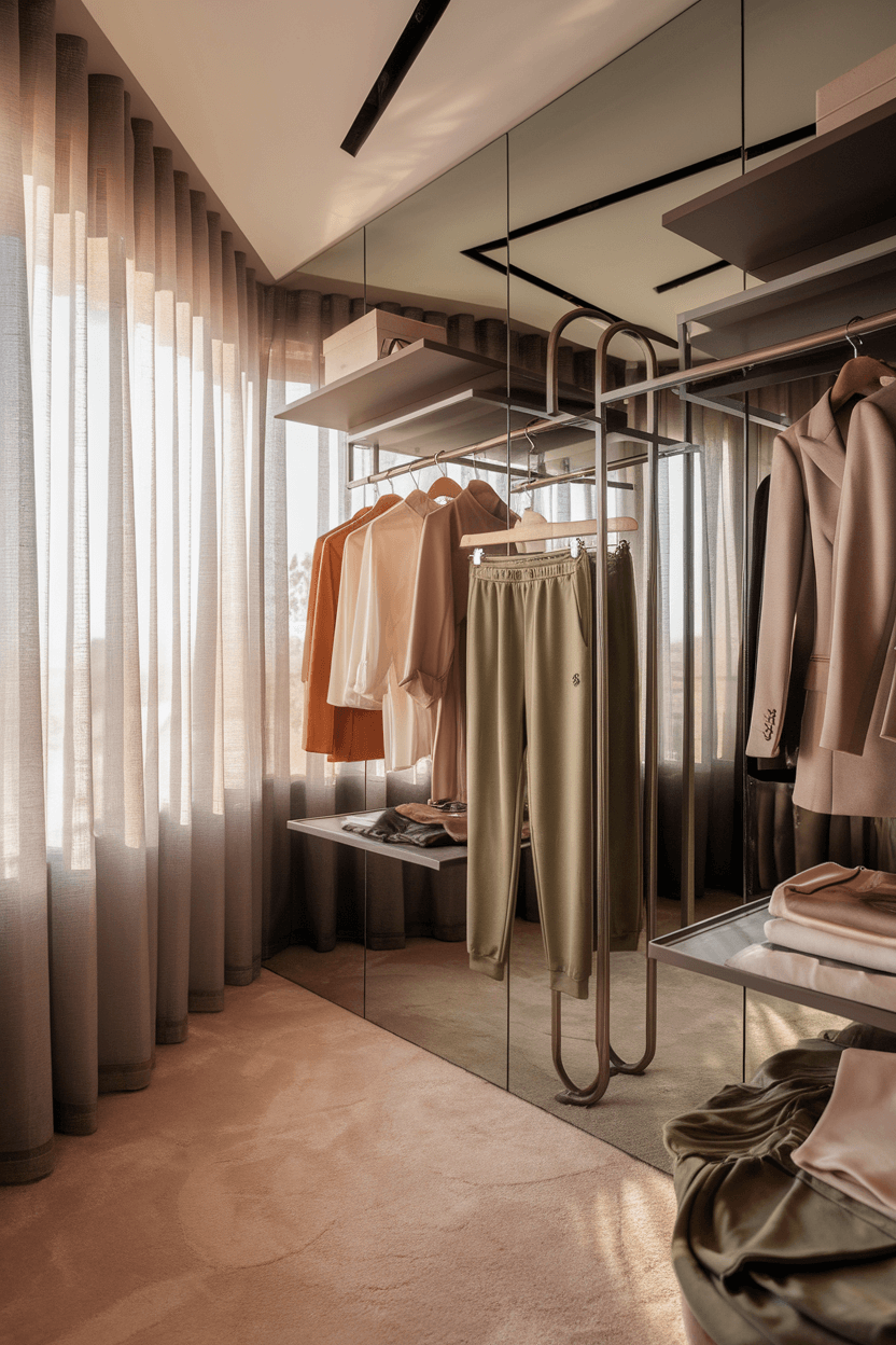 Fashion blogger styling olive green sweatpants with silk blouses, blazers, and designer accessories in a modern walk-in closet with mirrored walls, metallic rack, and plush cream carpet, bathed in diffused afternoon light.