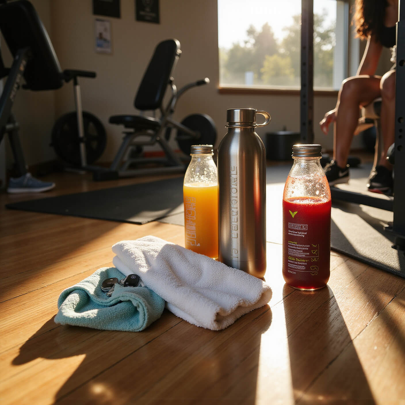 Contemporary home gym at golden hour with sweat towels, stainless steel water bottles, fitness gear, and hydration checklist, bathed in warm light.