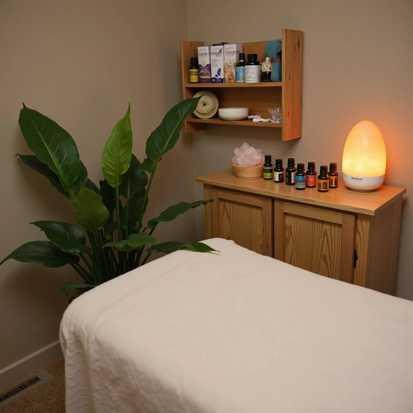Cozy wellness nook with linen-covered massage table, essential oils in wooden holder, salt lamp glow, massage tools, knee wraps, and peace lily on textured neutral wall, viewed from above.