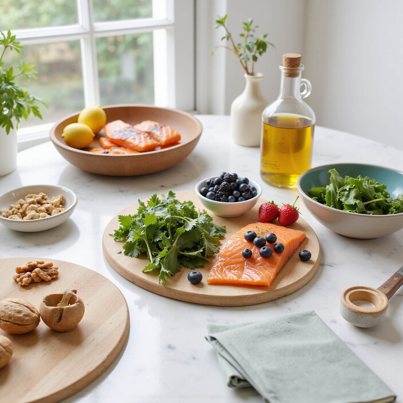 Bright, airy kitchen with fresh anti-inflammatory foods on white marble: salmon, berries, greens, walnuts, olive oil; kitchen tools and herb garden visible.
