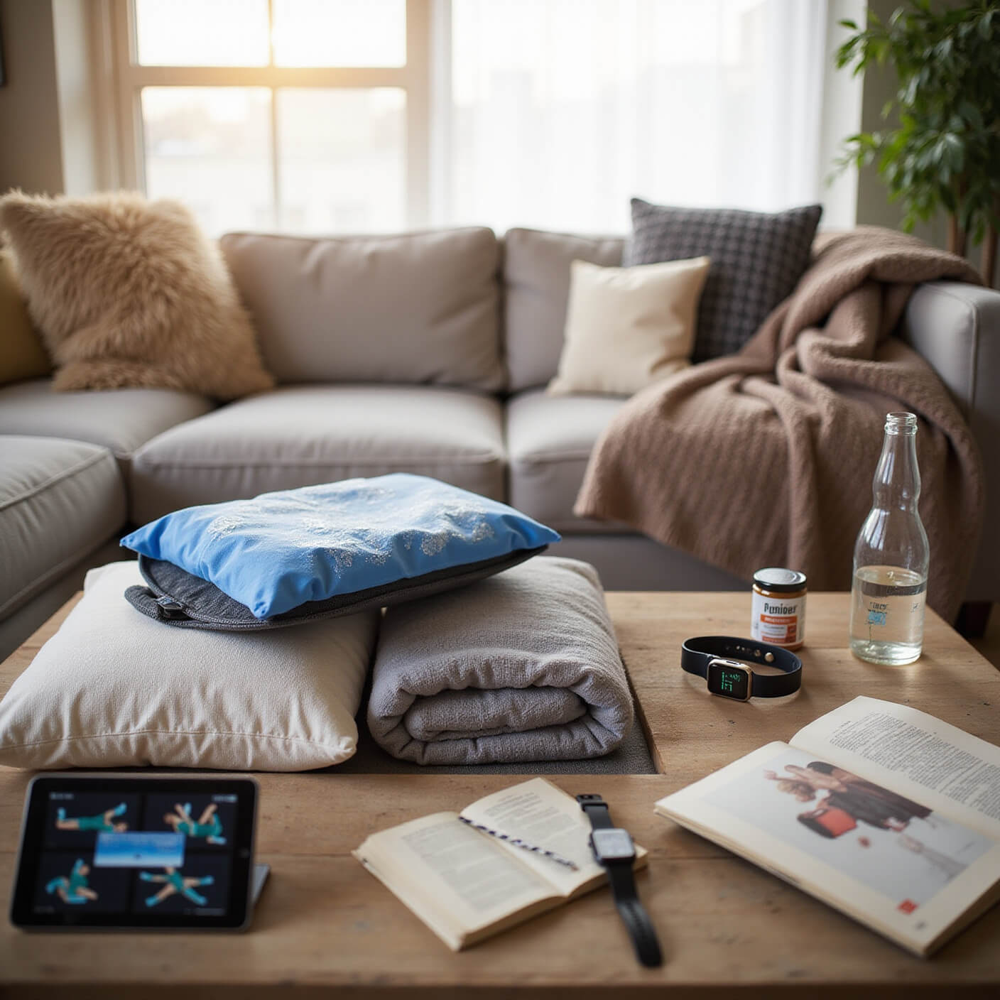 Contemporary living room with an elevated ottoman set up for RICE method recovery, featuring ice pack, compression wrap, therapeutic pillows, smartwatch tracking time, water bottle, supplements, cozy blanket, book, and tablet with exercises in warm afternoon light.