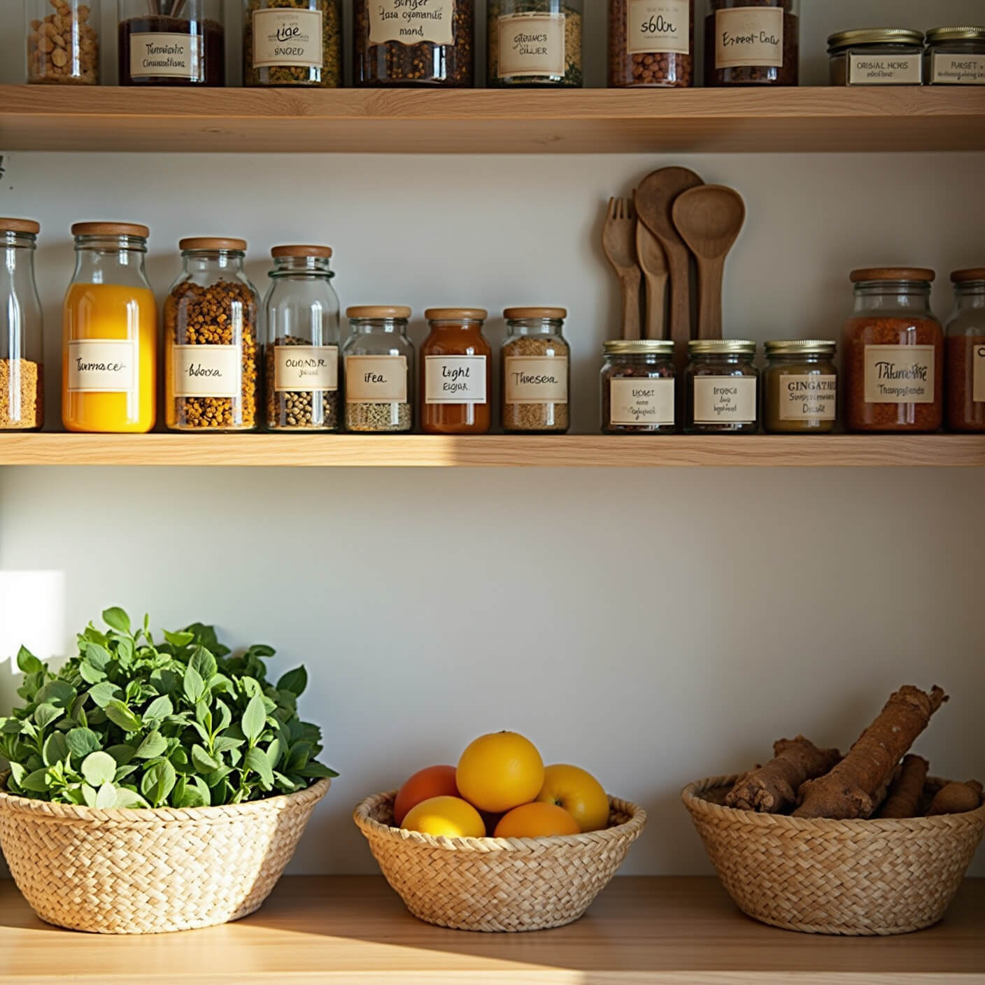 Organized wellness pantry with glass jars of spices and herbs, therapeutic teas, supplements, woven baskets of produce, and handwritten labels on bamboo shelves in morning light.