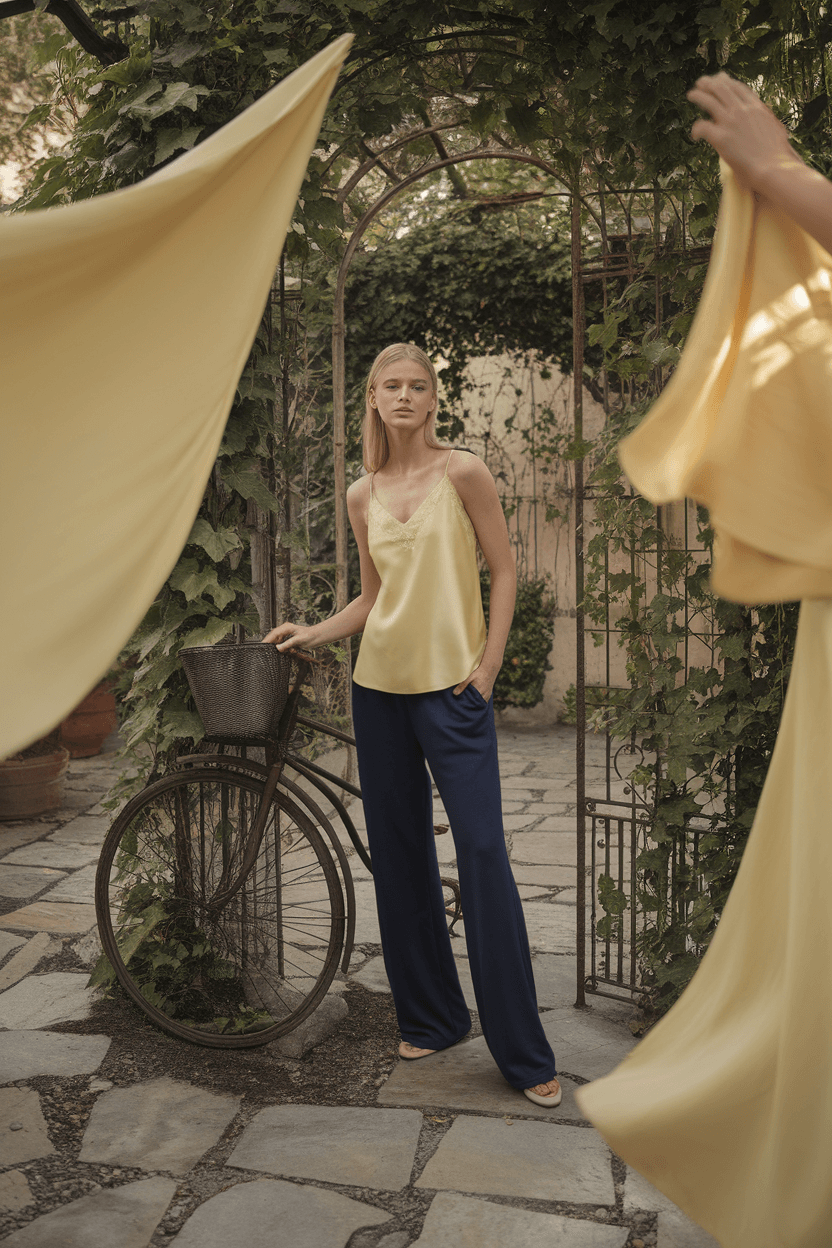 Model in navy sweatpants and yellow silk camisole posing in sunlit garden courtyard with vintage bicycle, stone pathways, and climbing ivy.