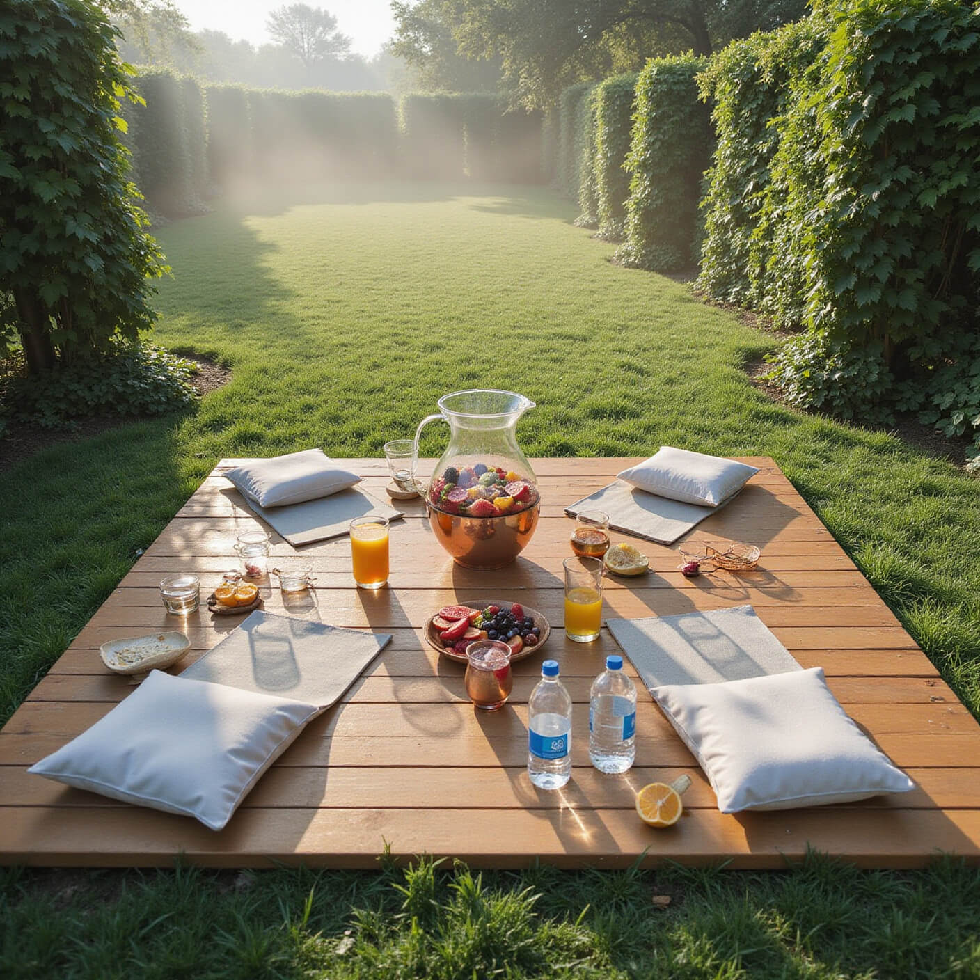A serene outdoor yoga and meditation space at dawn, with dew-covered grass, natural fiber mats, hydration stations with glass carafes, copper vessels, and fruit-infused waters, framed by lush greenery and morning mist.