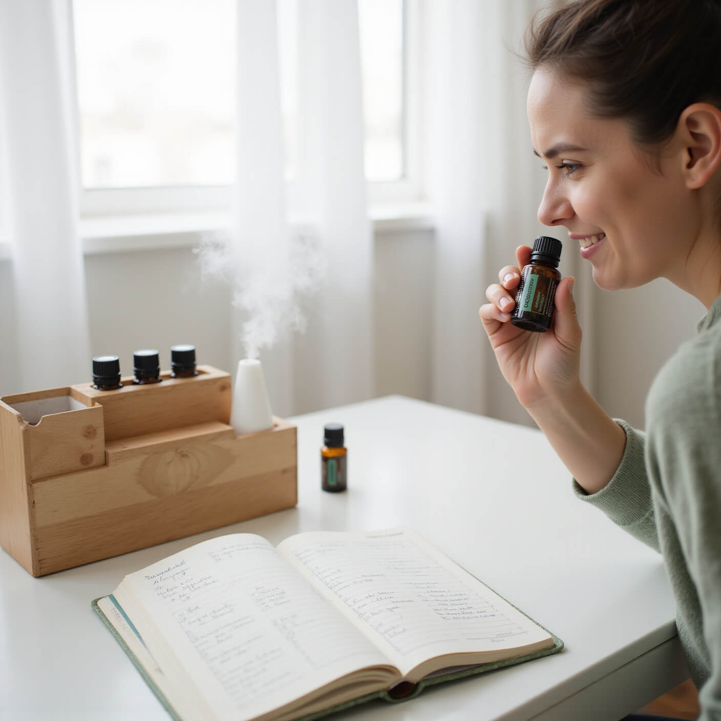Hands holding peppermint essential oil bottle near nose in a serene, sunlit home office with a minimalist desk, diffuser, journal, and soft neutral decor.