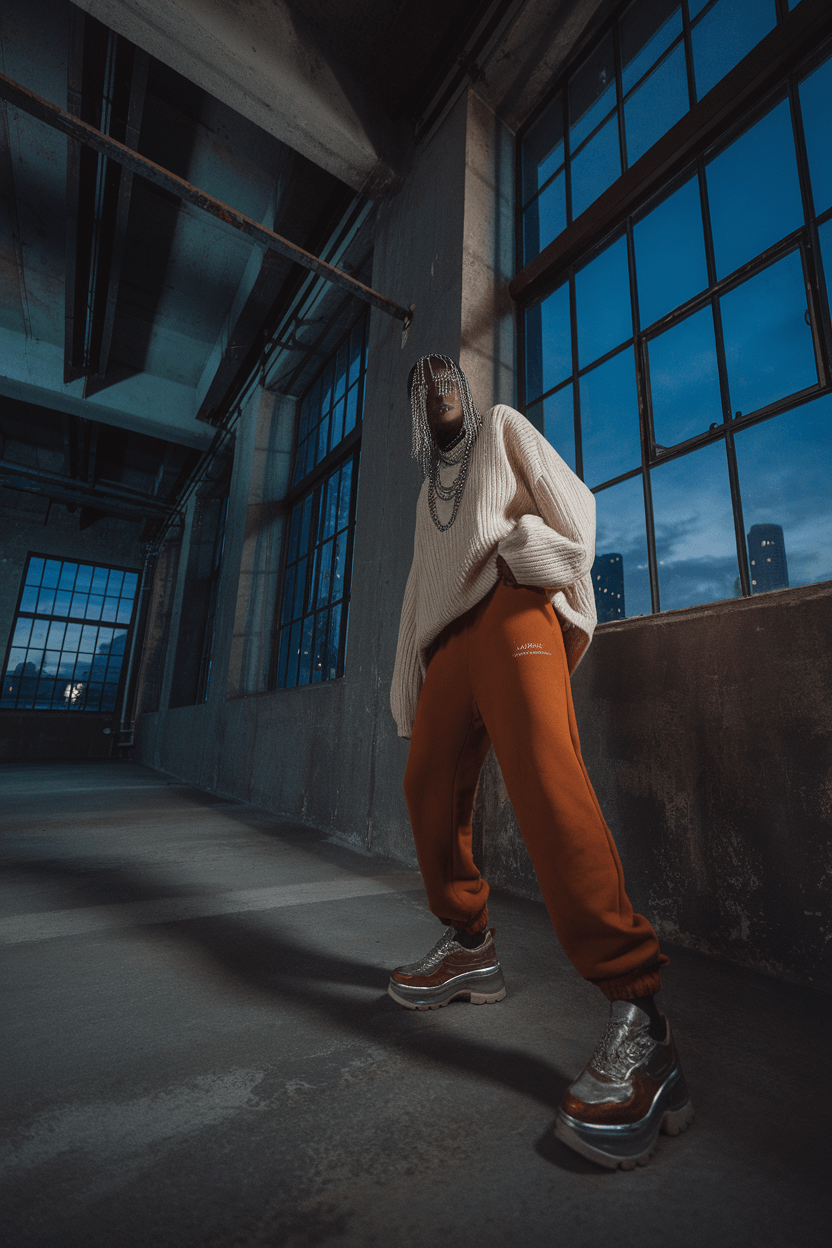 Model in burnt orange sweatpants and oversized ivory sweater poses in industrial loft with concrete walls, steel beams, and factory windows, lit by dramatic evening lighting emphasizing textures and shadows.