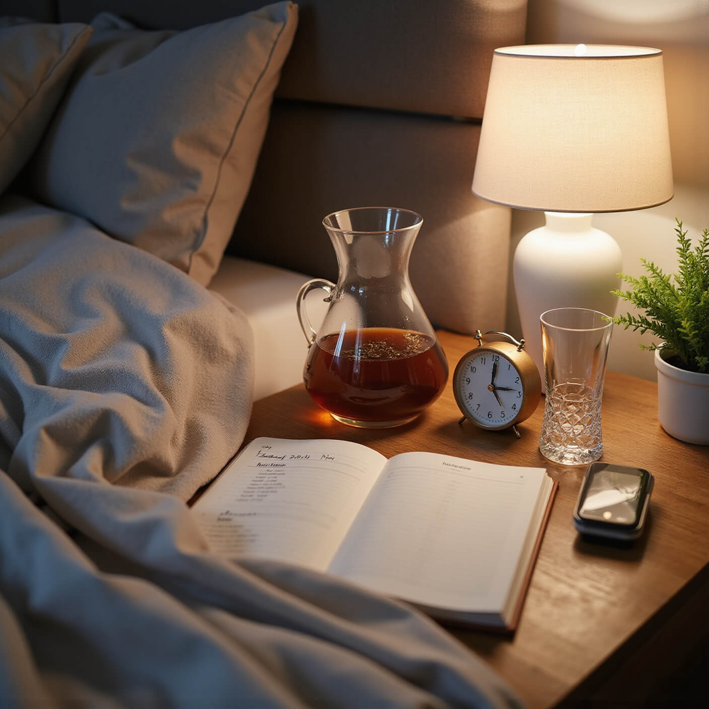 Cozy nightstand scene at dusk with soft lamp light, featuring a modern carafe, herbal tea setup, water bottle, journal, sleek alarm clock, air-purifying plants, and luxurious textures like linen bedding and warm wood.