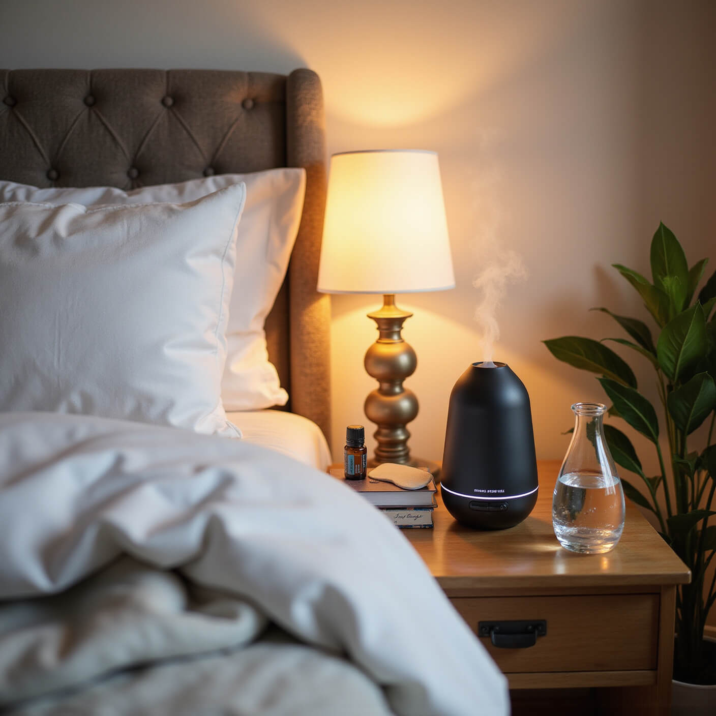 Cozy bedroom at dusk with warm lighting, featuring a diffuser emitting mist on a modern nightstand surrounded by wellness items, plush white bedding, and soft bokeh lights.