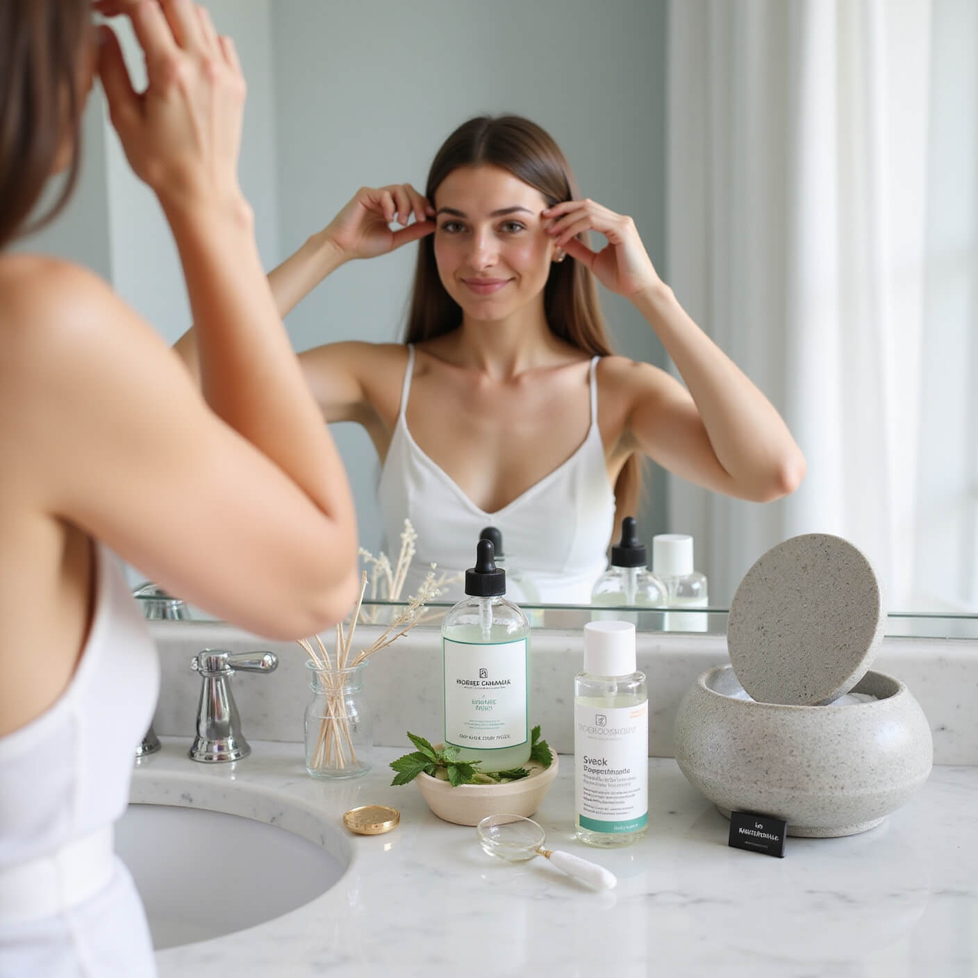 Contemporary bathroom vanity in morning light with crystal bottles, aromatherapy tools, stone diffuser on marble counter, and person's reflection applying peppermint oil.
