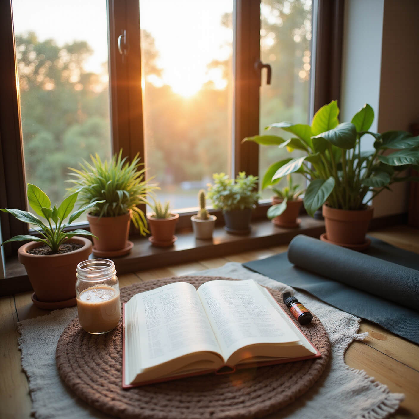 Cozy wellness corner with meditation cushion, potted plants, open food journal, jackfruit smoothie in mason jar, rolled yoga mat, and essential oil diffuser misting in warm golden hour light.