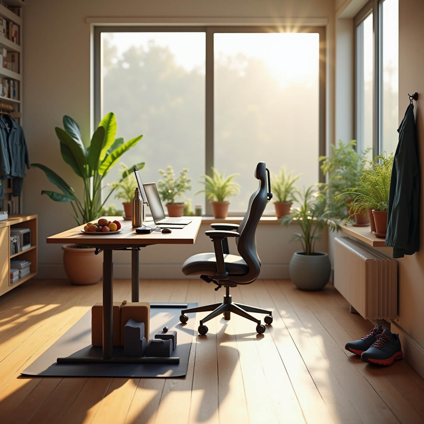 Modern home office with standing desk, ergonomic chair, under-desk elliptical, yoga mat, plants, and natural morning sunlight through large windows.