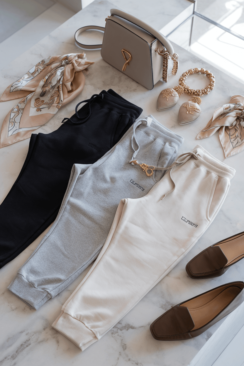 Flat lay of premium sweatpants in black, gray, and oatmeal tones styled with designer handbags, silk scarves, gold jewelry, and luxury footwear on a marble surface in bright natural light.