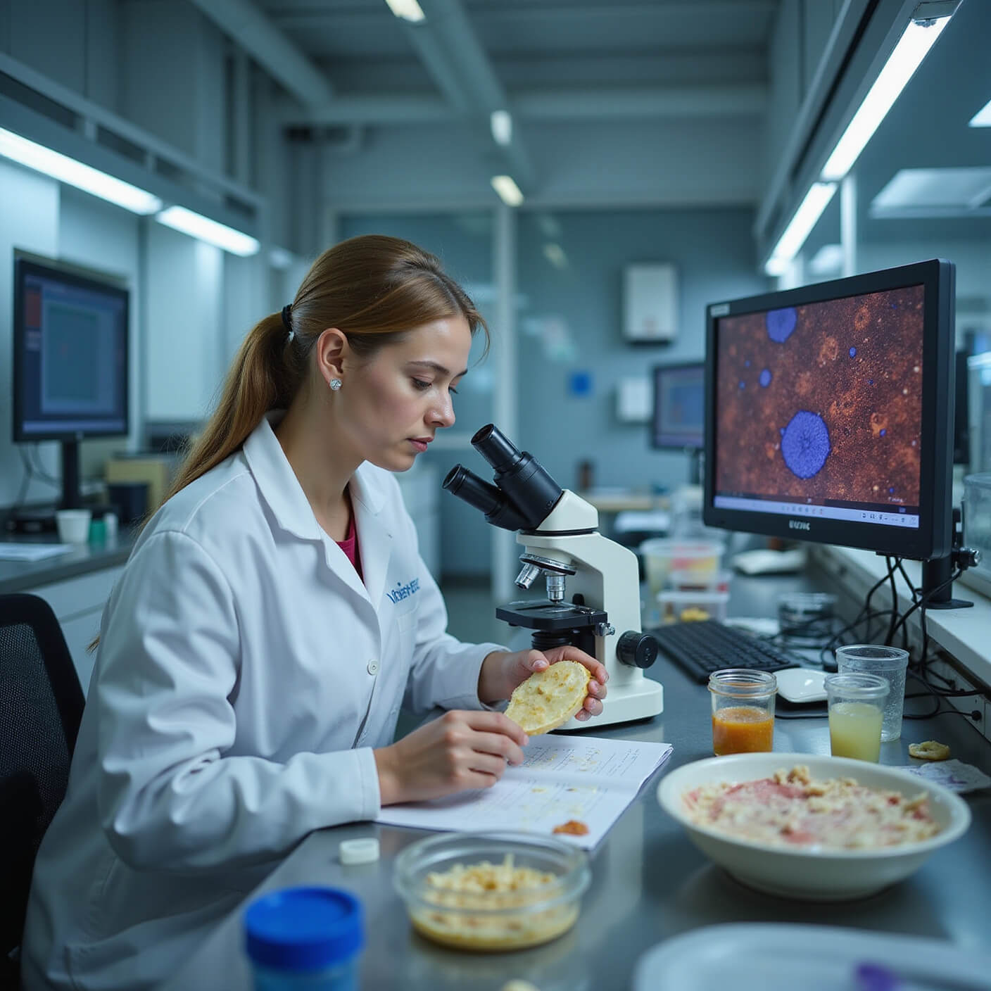Researcher in sterile lab examining jackfruit samples under microscope, surrounded by test tubes, petri dishes, digital analysis screens, and lab equipment, overhead view.