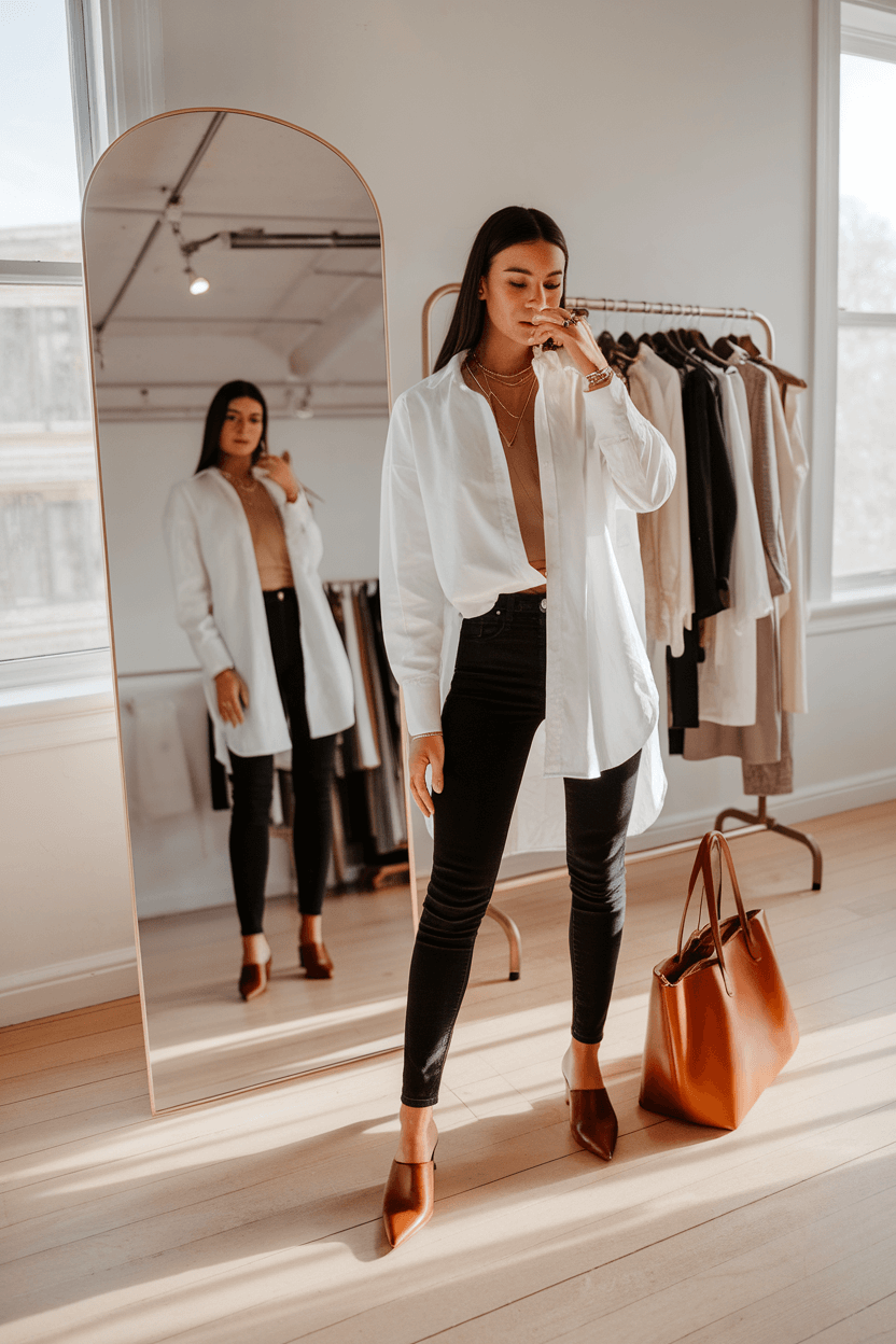 Fashion influencer styling black skinny jeans and white oversized shirt in a sunlit minimalist studio with pale oak floors, gold layered necklaces, leather mules, and a cognac designer tote nearby.