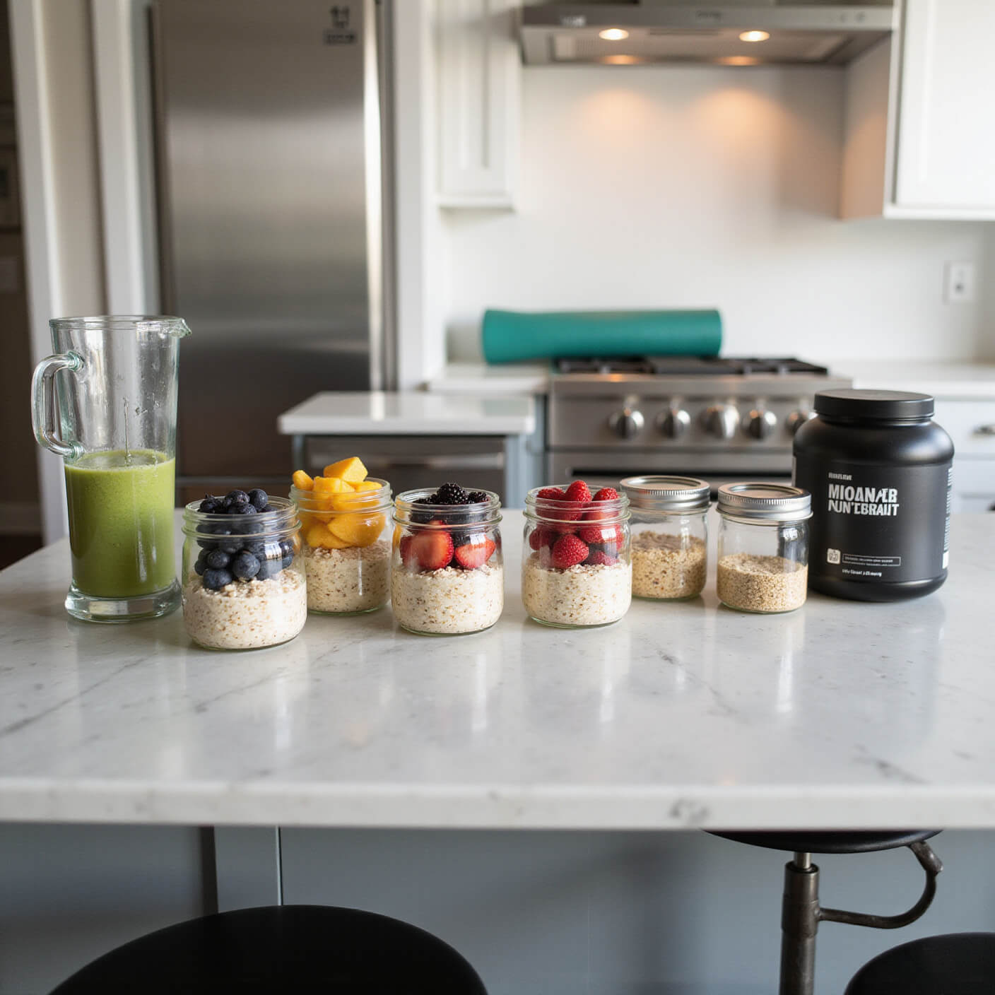 Organized dawn kitchen with overnight oats, smoothie, supplements, and gym gear on marble counter, bathed in soft morning light.