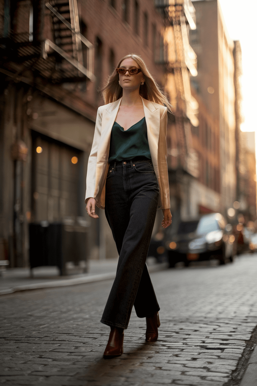 Model walking confidently on a cobblestone street in SoHo during golden hour, wearing high-waisted black jeans, emerald green silk camisole, cream blazer, leather ankle boots, and tortoiseshell sunglasses, with brick buildings and fire escapes in the background.