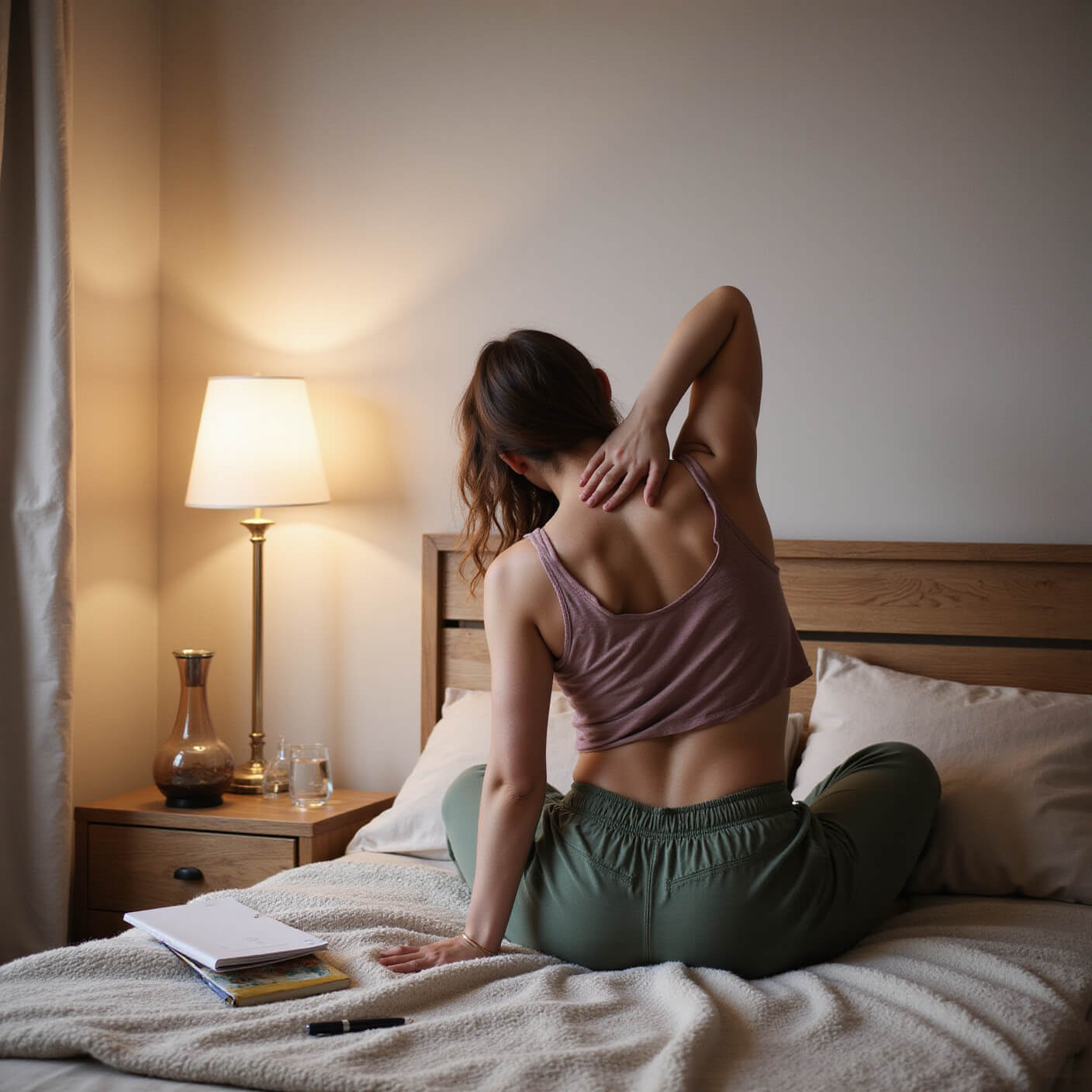 Person stretching neck on wool rug in cozy Scandinavian bedroom corner with diffuser mist, water carafe, journal, and warm evening lighting.