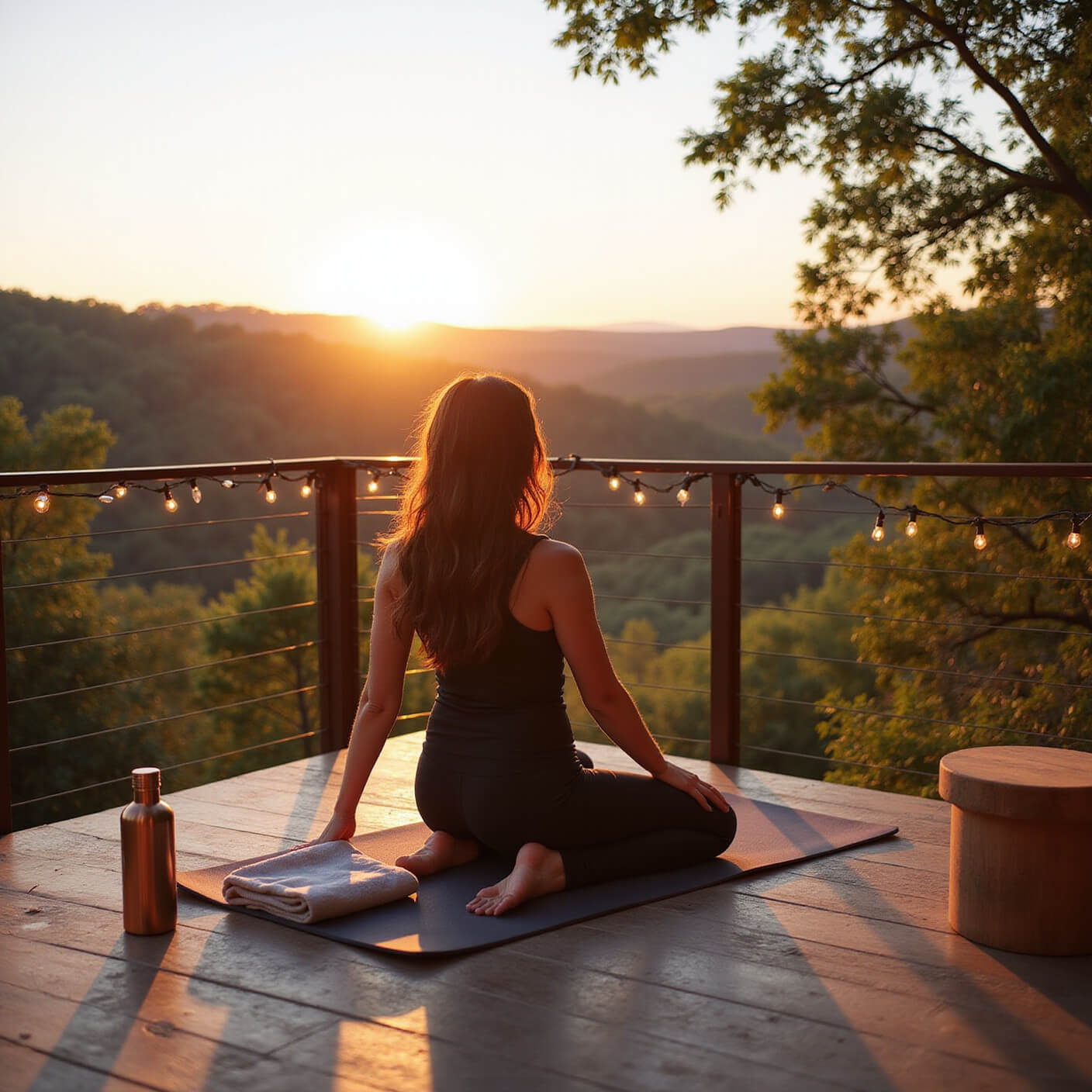 Person stretching on sustainable mat on outdoor deck at sunset, with copper water bottle, linen blanket, wooden stool, and twinkling string lights in warm golden light.