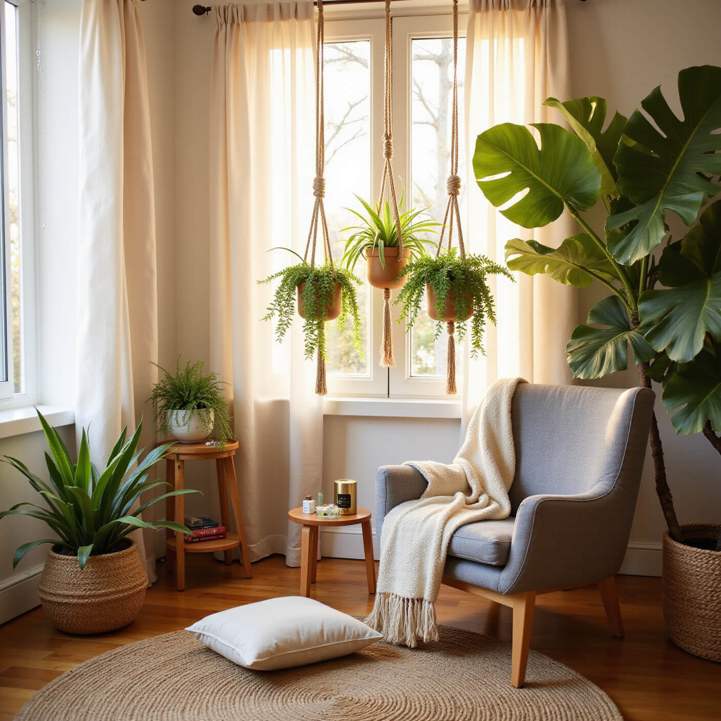 Sunlit modern living room corner with a fiddle leaf fig tree, gray armchair, cascading philodendrons, meditation cushion on jute rug, and wellness items, bathed in warm golden hour light.
