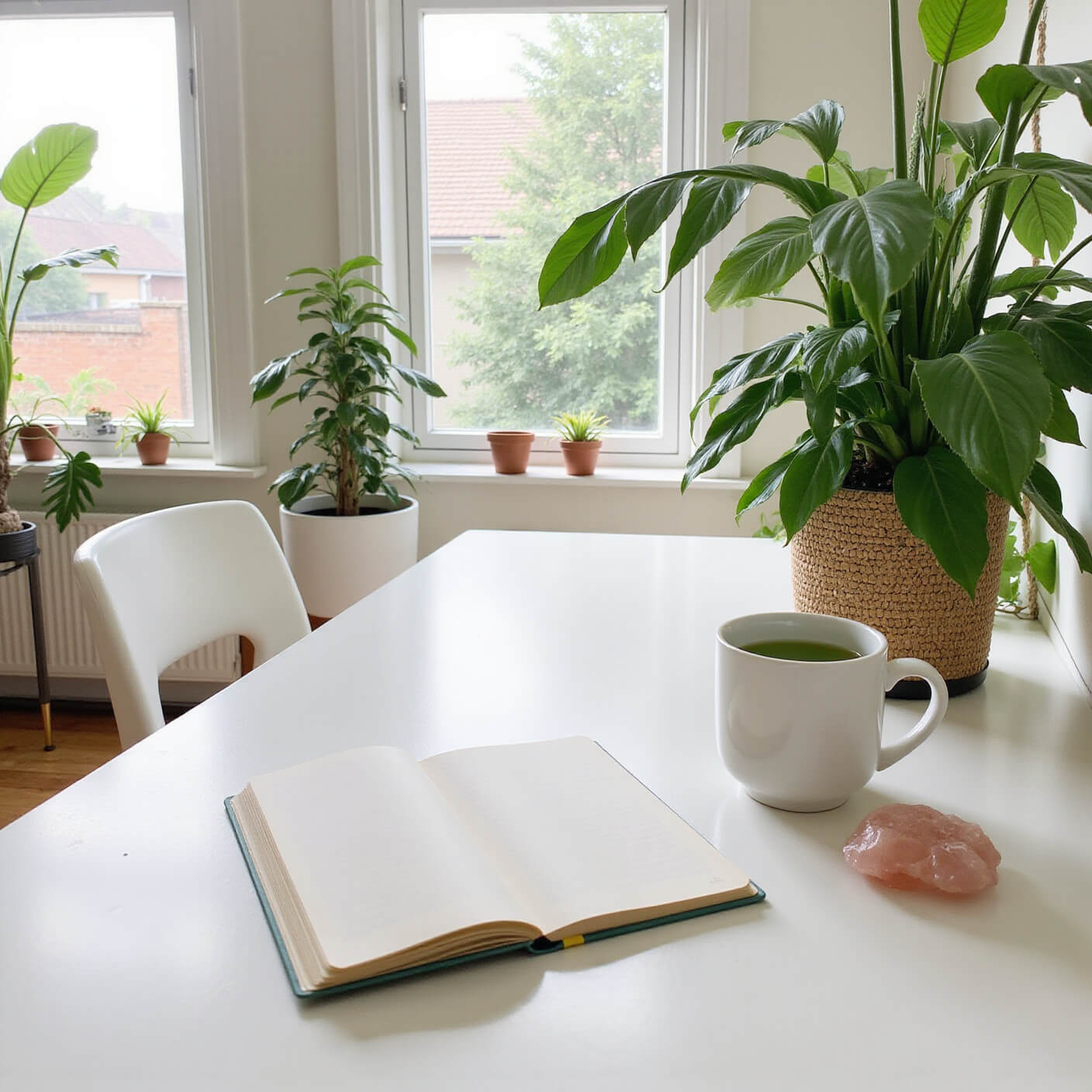 Bright morning light fills a cozy home office with a white desk, potted plants, a mug of green tea, an open gratitude journal, and a rose quartz crystal on a light oak floor.