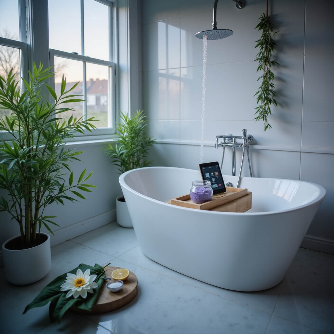 A tranquil bathroom during blue hour with a white freestanding tub, peace lilies, bamboo plants, rising steam, eucalyptus on the showerhead, white marble tiles, and a wooden bath caddy holding lavender salts and a tablet.