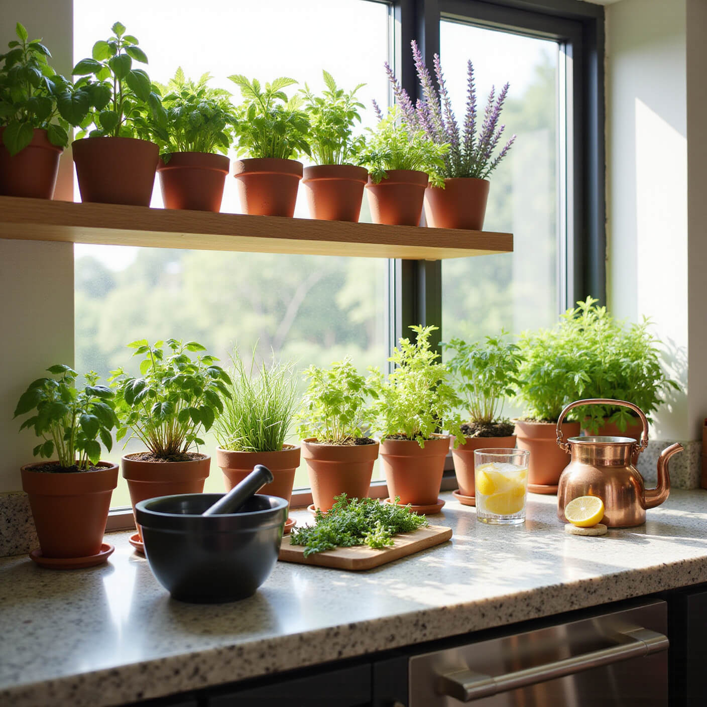 Contemporary kitchen with floating shelves of potted herbs, granite countertop holding harvested herbs, a mortar and pestle, a glass of lemon water, and a copper watering can in late afternoon light.
