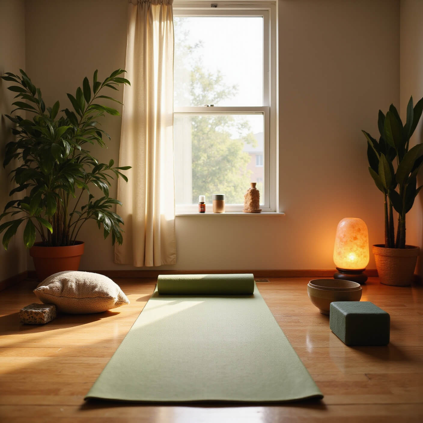 Sunlit yoga space at dawn with lush plants, bamboo flooring, yoga mat, meditation cushions, crystal bowls, essential oil mist, and a glowing Himalayan salt lamp.