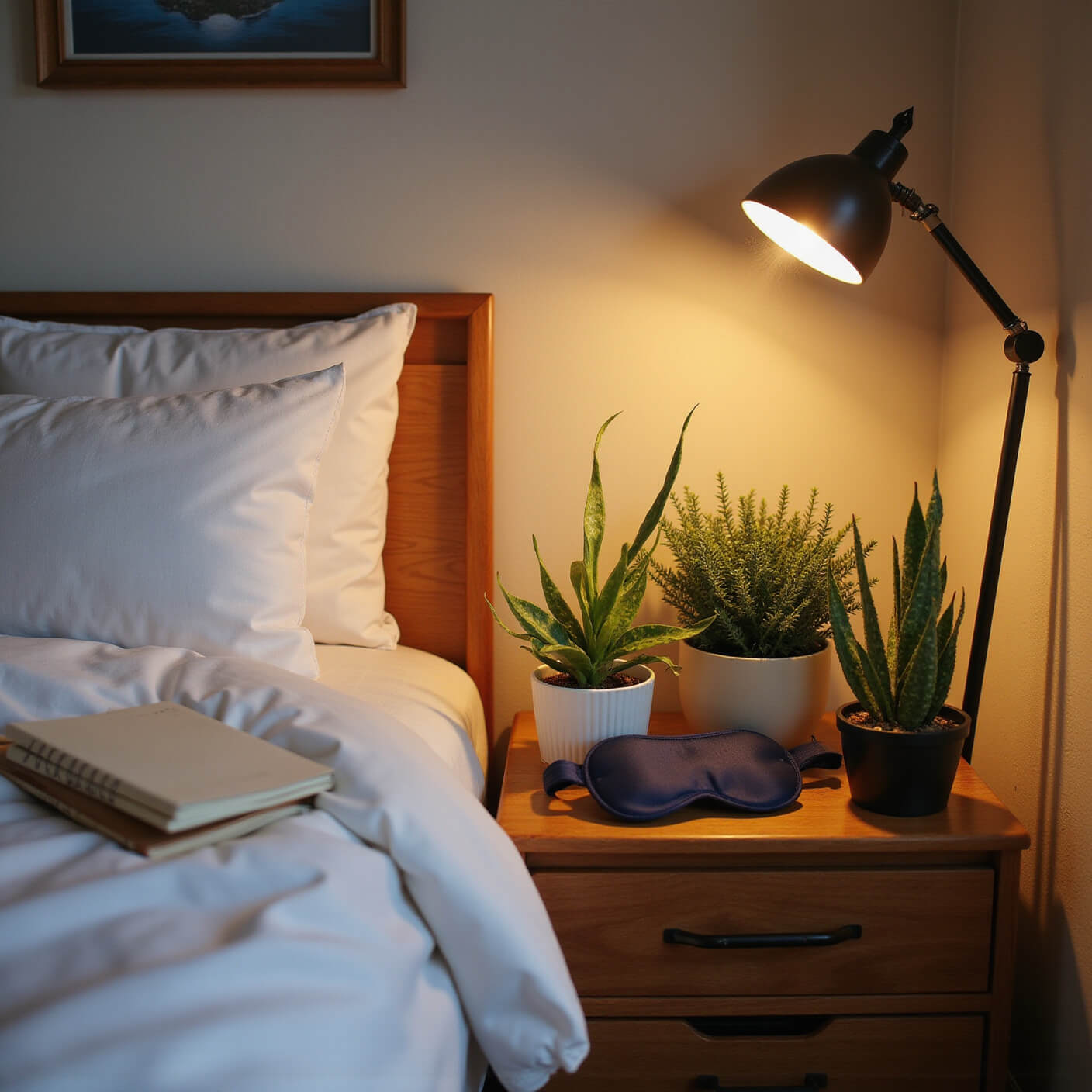 Cozy bedroom corner at dusk with lavender and snake plants, warm bedside light on white linens, ceramic palm, diffuser mist, and sleep essentials on a wooden nightstand.