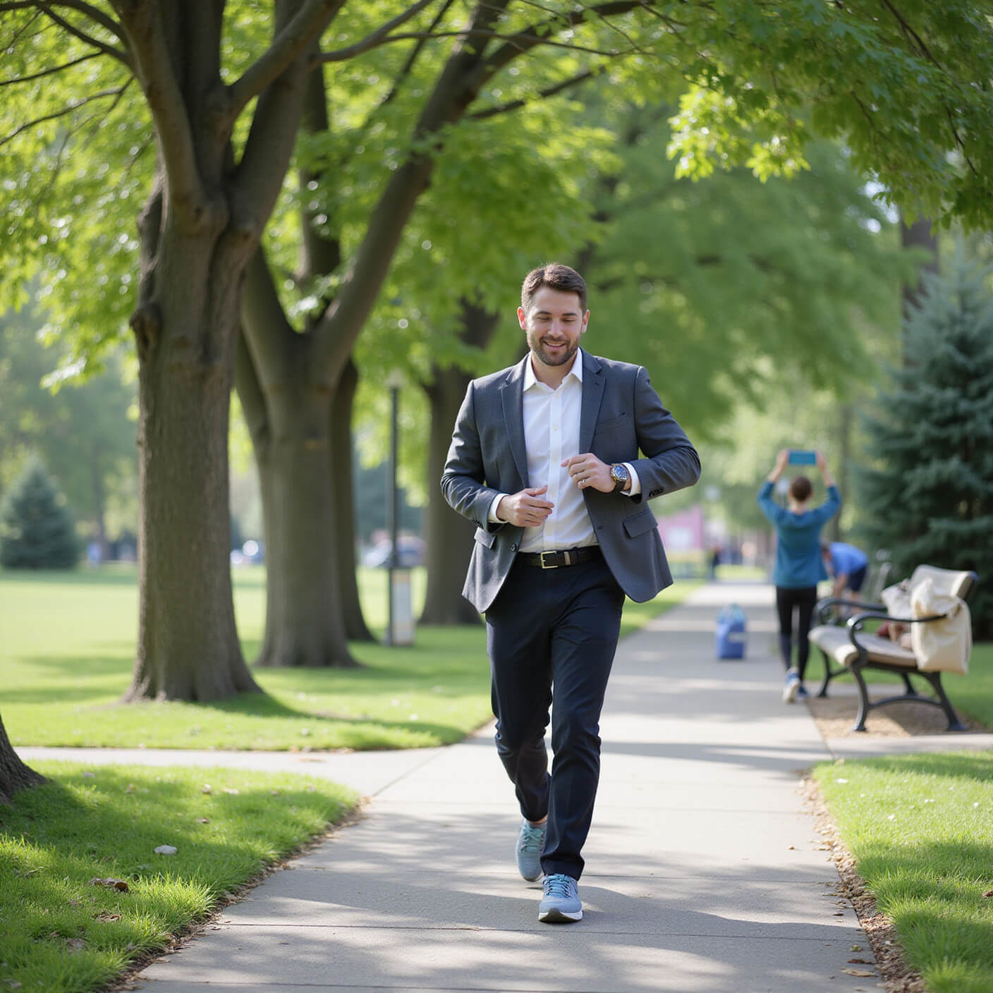 Young professional in business casual and athletic shoes power walking through a tree-lined corporate park, checking smart watch, with a lunch bag and water bottle in hand; coworkers exercise nearby under bright midday sun.
