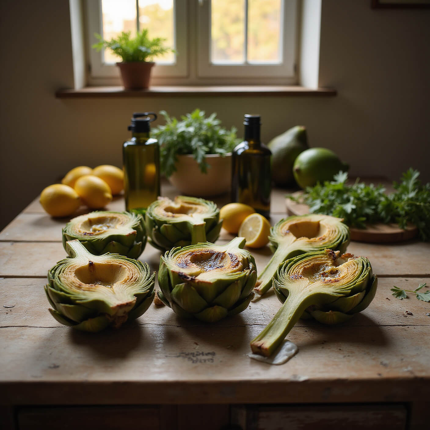 Rustic farmhouse kitchen with wooden table showcasing fresh, grilled, and marinated artichoke hearts, surrounded by olive oil bottles, lemons, and herbs, bathed in soft golden hour light.
