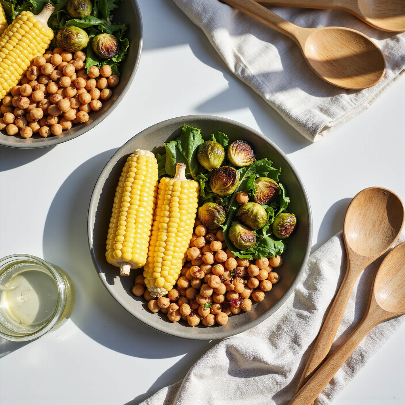 Vibrant summer protein bowl with sweet corn, Brussels sprouts, chickpeas, and greens on a sunlit patio, surrounded by wooden utensils, linen napkins, and infused water.