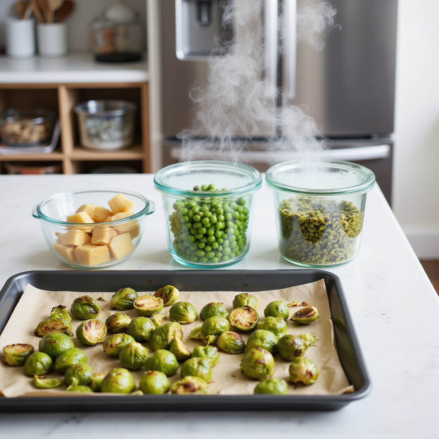 Contemporary kitchen at midday with glass containers of high-protein vegetables, steaming green peas, roasted Brussels sprouts cooling, and stainless steel appliances in the background.