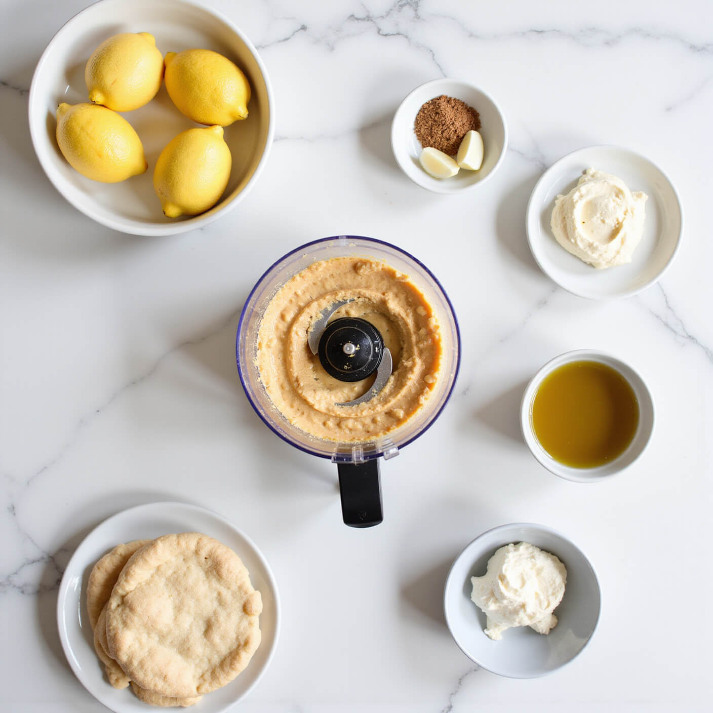 Minimalist white kitchen with a food processor blending hummus, surrounded by tahini, lemon, garlic, olive oil, Middle Eastern bowls, and fresh pita on a marble counter.