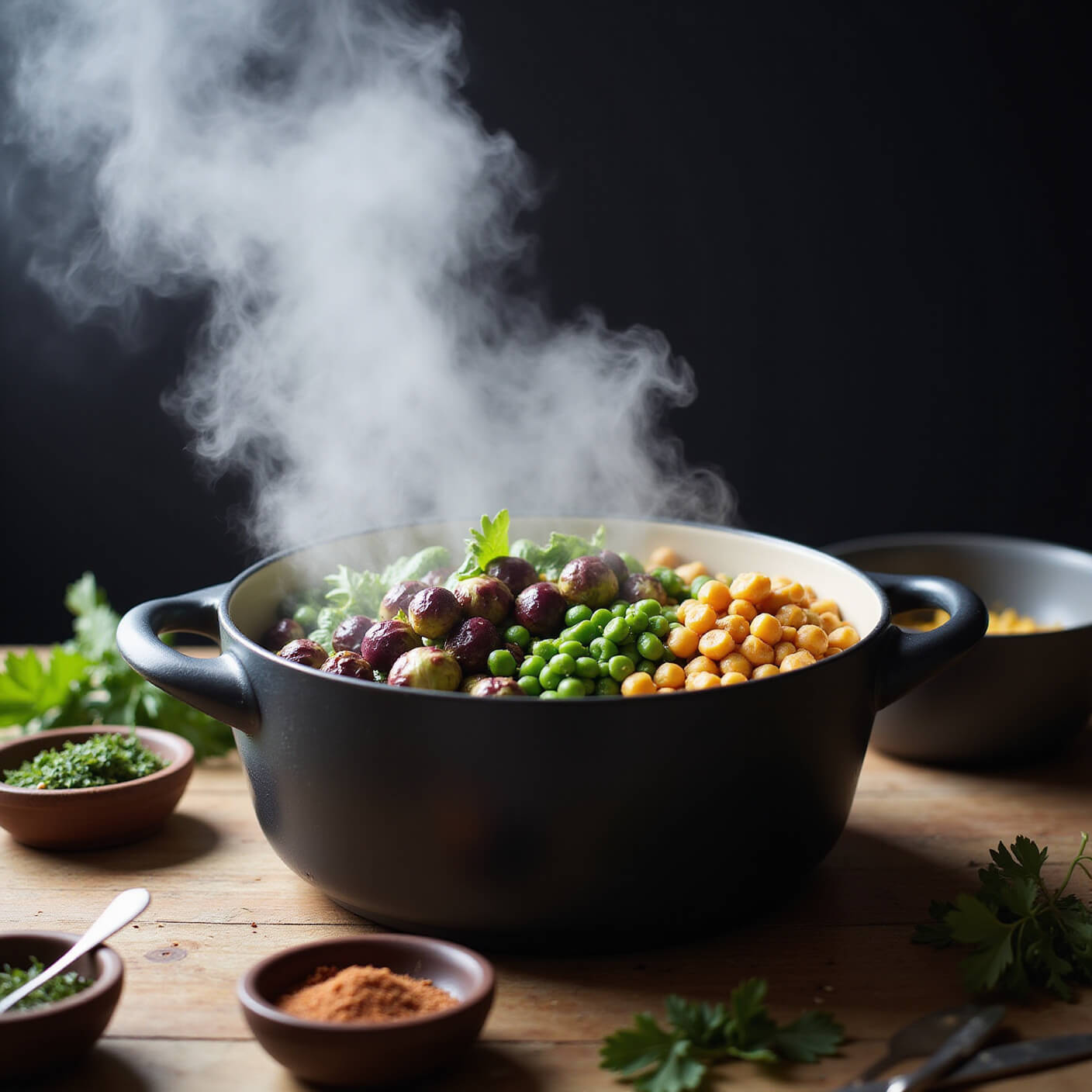 Moody evening kitchen with steam rising from a steamer filled with purple Brussels sprouts, green peas, and golden chickpeas; herbs and spices in bowls nearby, dramatic side lighting highlighting textures.
