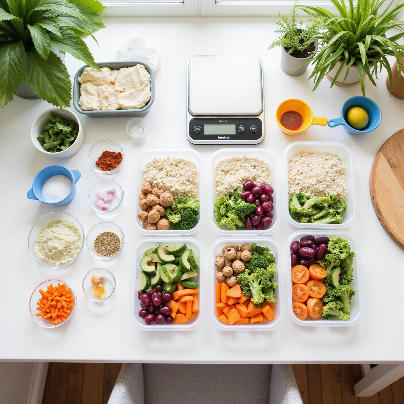 Overhead view of a bright breakfast nook with meal prep in progress, featuring eco-friendly containers of high-protein vegetables, color-coded labels, measuring cups, digital food scale, and surrounding plants in natural light.