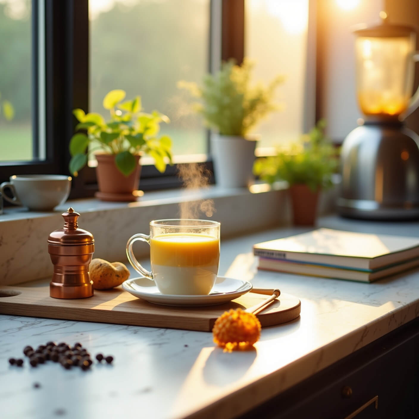 Sunlit modern kitchen counter with turmeric latte ingredients, marble surface, herbs on windowsill, and steam rising from a fresh golden drink.