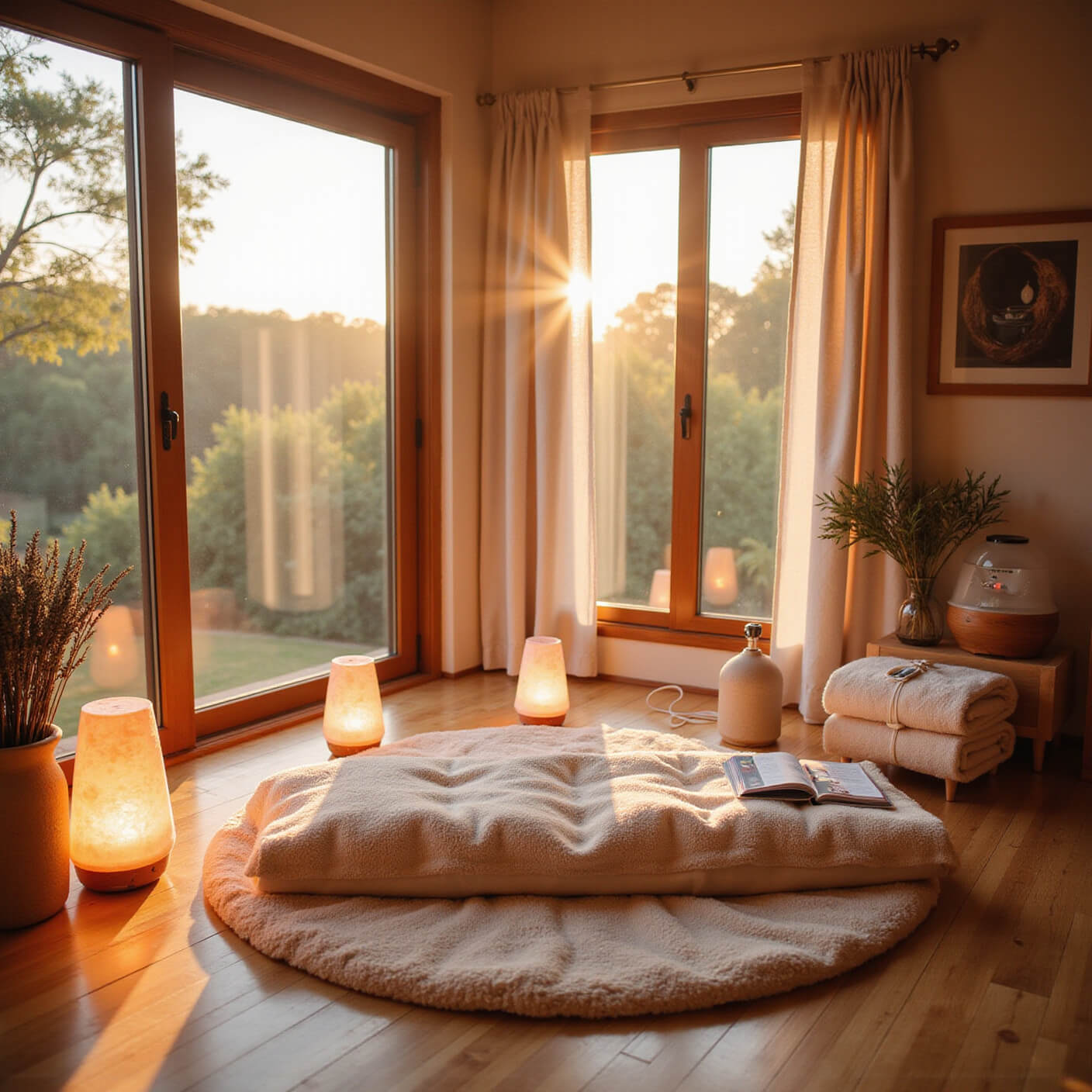 Serene wellness corner at sunset with a cream meditation cushion, bamboo floors, Himalayan salt lamps, heating pad, infrared lamp, lavender, and essential oil diffuser.