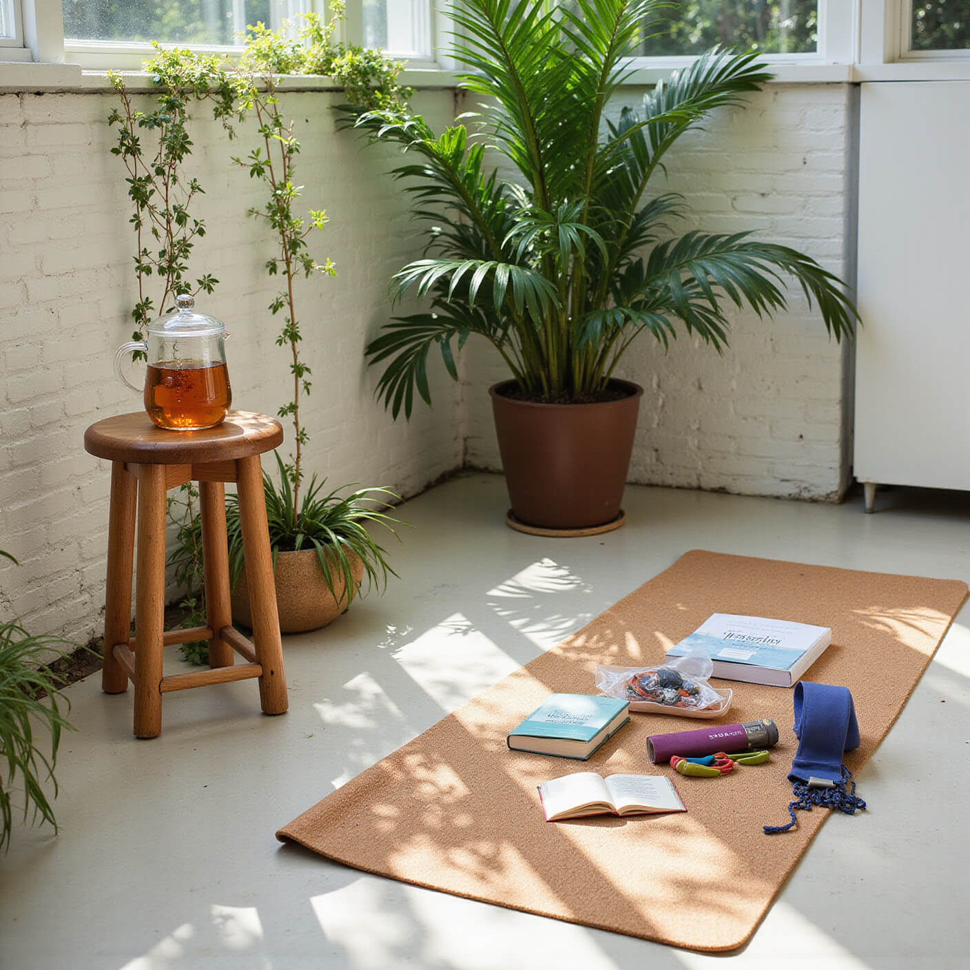 Morning yoga in a sunlit conservatory with tropical plants, cork mat, ginger tea, joint supports, wellness journal, resistance bands, and bamboo water fountain.