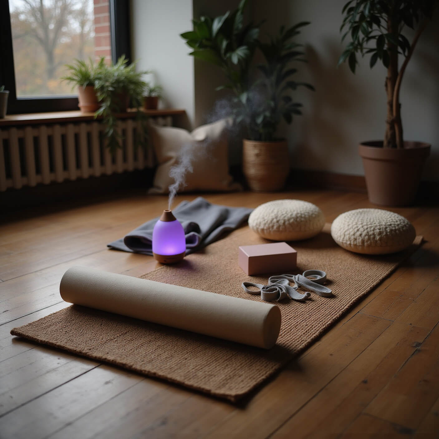 Cozy home yoga nook with bamboo flooring, cushions, essential oil mist, yoga props on a handwoven mat, and a lush plant wall in warm, dim lighting.