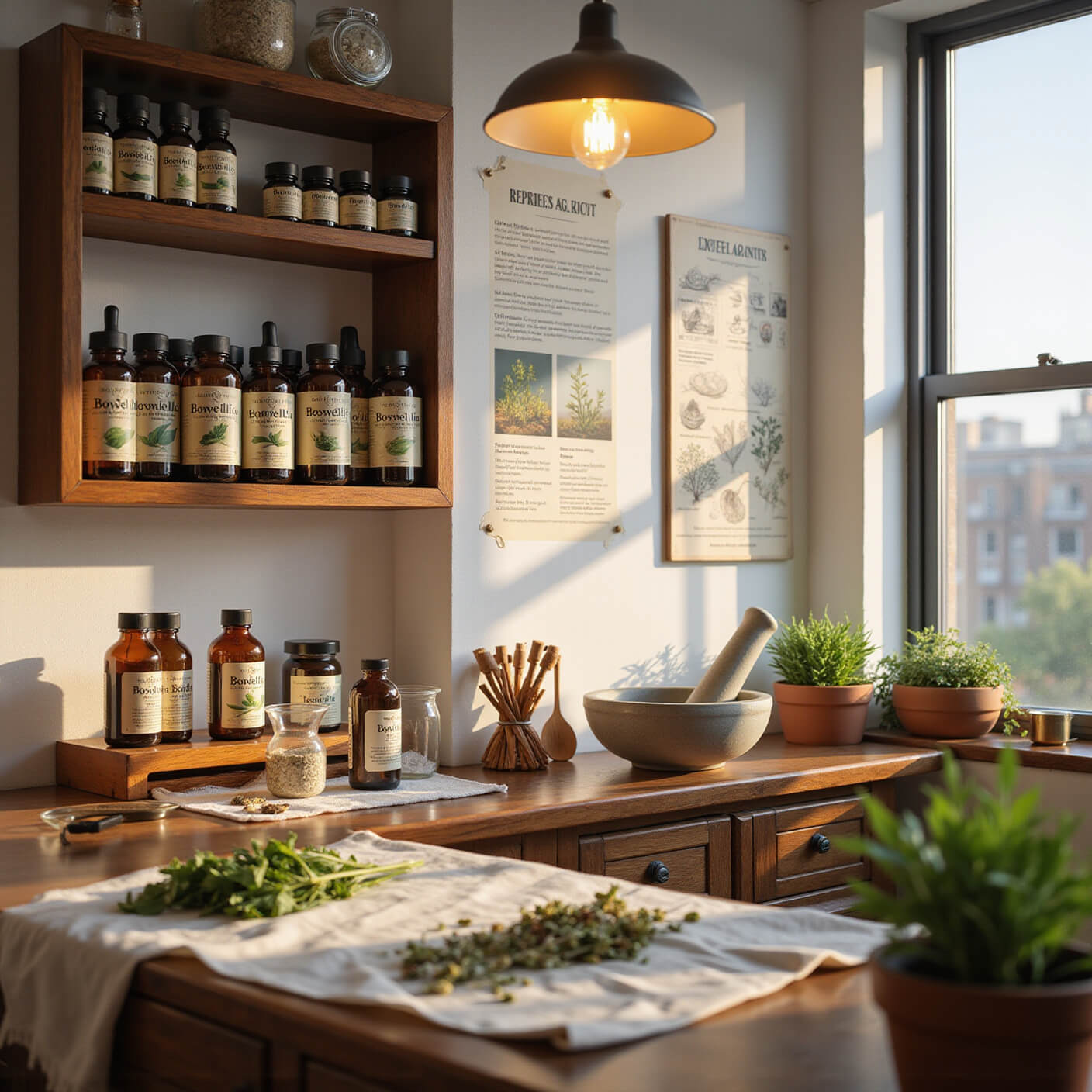 Wellness workspace with wooden shelves of amber glass bottles, herbs, tinctures, warm lighting, preparation tools, drying herbs, and botanical charts on the walls.