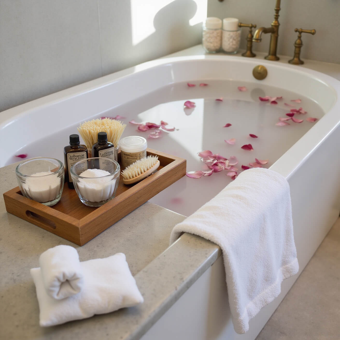Luxury bathroom with a deep soaking tub, floating rose petals, chandelier light, teak caddy holding Epsom salts, oils, and brushes, surrounded by marble surfaces, brass fixtures, and spa essentials.